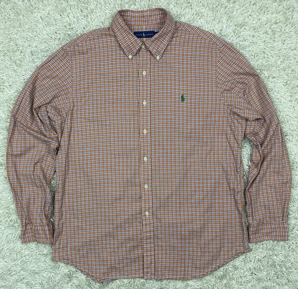 Polo Ralph Lauren Mens XL Orange Plaid Button Down Shirt Long Sleeve Green Pony